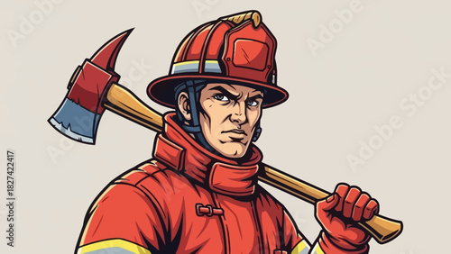 Illustration of a firefighter in uniform holding an axe over his shoulder.