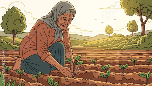 Illustration of an elderly woman planting seedlings in a field under a sunny sky.