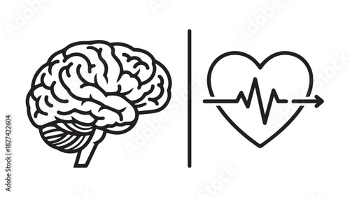 Human Brain and Heartbeat Line Art Icon