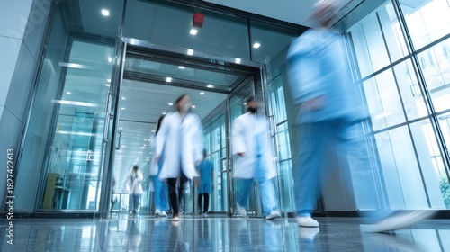 Medical staff and patients walking in hospital