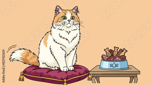 A fluffy cat sits on a cushion next to a bowl of fish-shaped treats.