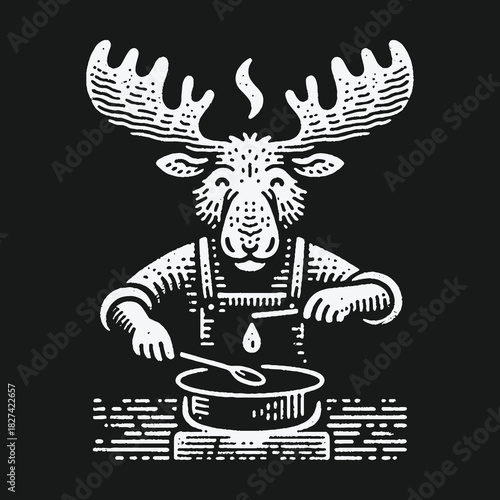 Charming anthropomorphic moose chef cooking in a rustic woodcut style.