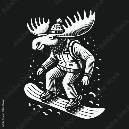 Anthropomorphic moose character snowboarding in winter snow illustration.
