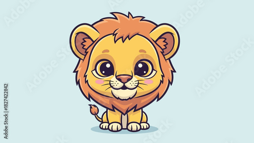 Adorable cartoon lion cub with big eyes and a fluffy mane sitting on a light blue background.