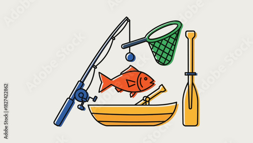 Fishing equipment: rod, net, boat, paddle, and fish illustration.