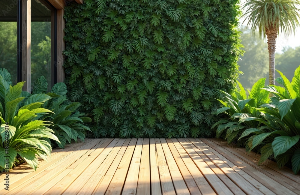 Obraz premium Wooden terrace surrounded by lush green plants. Green wall of leaves. Sunshine illuminates the scene. Tropical style design concept. Relaxation area. Modern architecture exterior illustration.