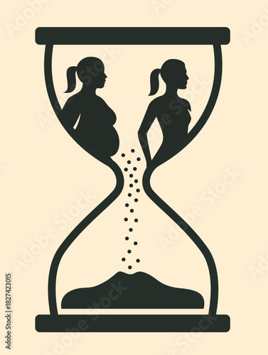 Stylised hourglass with pregnant and slim female silhouettes, symbolising time, change, and transformation