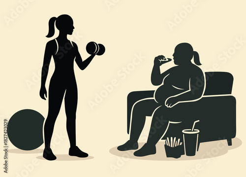 Silhouettes of person lifting dumbbell and person eating fast food, symbolising fitness versus sedentary lifestyle