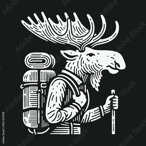 Vintage style illustration of an anthropomorphic moose hiker with a backpack.