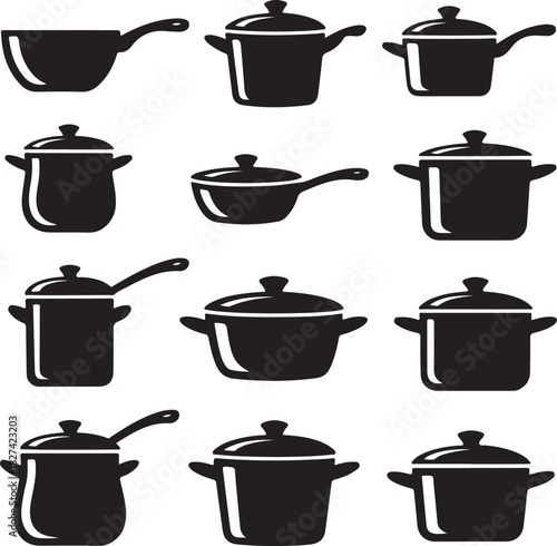 Collection of cooking pots and pans in various shapes black silhouette