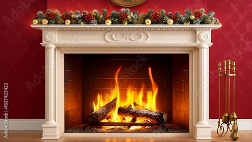 Cozy fireplace with christmas garland and warm glowing fire on a red wall backdrop