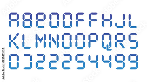 A Digital Display Font Featuring Uppercase Letters and Numbers in a Blue Gradient Style