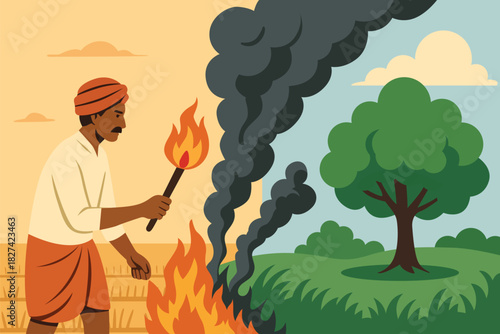 Farmer setting fire to field with torch, symbolising environmental impact of crop burning and pollution