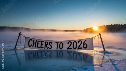 Anticipating 2026: A Festive Banner Reflected on Frozen Lake at Sunrise