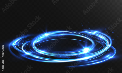 Dynamic glowing blue vortex ring with swirling light trails, spark effects, and a futuristic circular energy motion creating a bright holographic halo.
