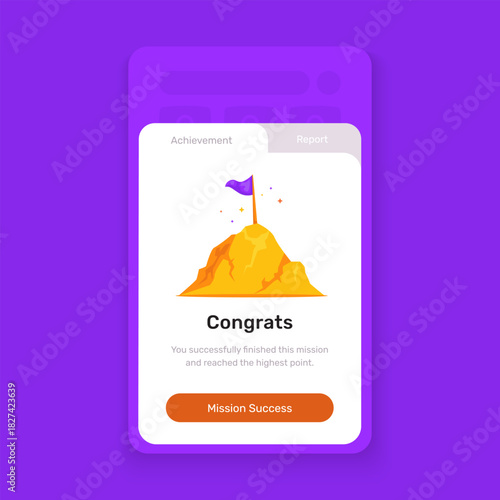 Mission Complete Badge with Flag on Mountain Peak on UI Onboarding Screen Template