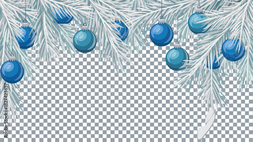 Festive blue baubles adorn snow-dusted pine branches, creating a winter wonderland background ideal for New Year's greetings and holiday celebrations