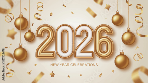 2026 New Year Celebrations Festive Metallic Numbers with Ornate Baubles and Confetti Festive Design