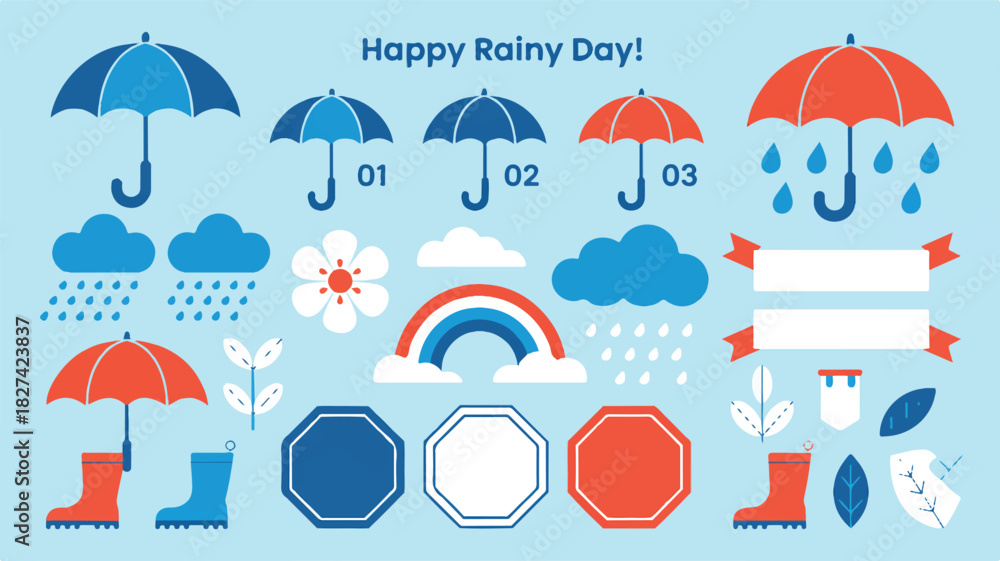 Fototapeta premium Happy Rainy Day Icons Collection - Blue and Red Umbrellas, Clouds, Rainbow, Boots, and Leaves for Weather Themed Designs