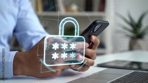 Cybersecurity and Password Protection on Smartphone. Digital Privacy with Lock Icon and Asterisks. Modern Tech for Secure Login and Data Safety.