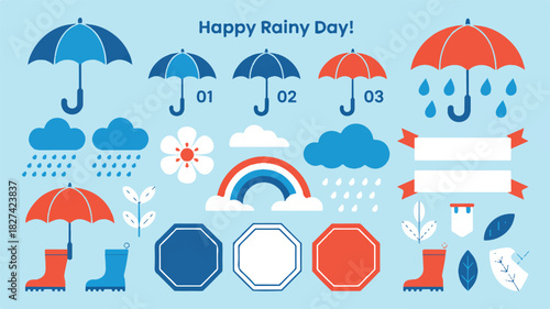 Happy Rainy Day Icons Collection - Blue and Red Umbrellas, Clouds, Rainbow, Boots, and Leaves for Weather Themed Designs