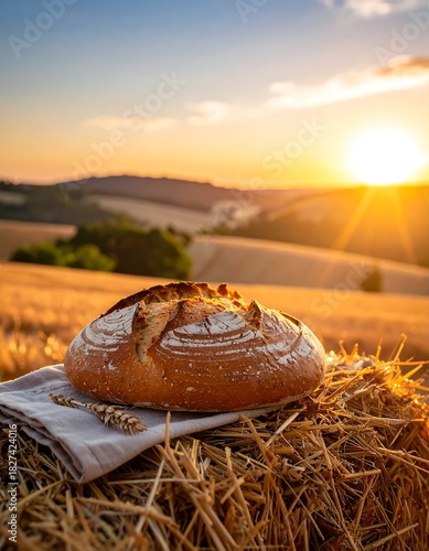 Loaf of bread resting on hay bale during a golden sunset