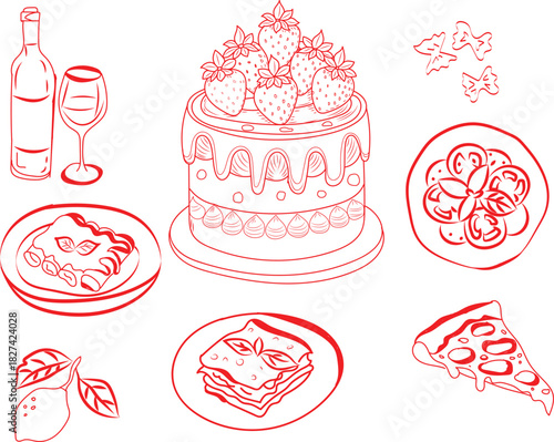 Outlined food and drink illustration cake pasta pizza wine and more