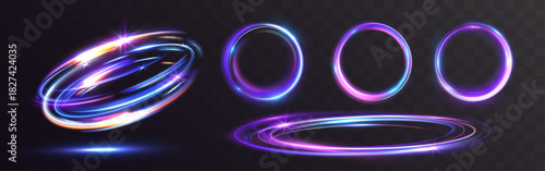 Set of glowing neon vortex rings and circular light trails in blue, purple, and pink tones, featuring swirling motion, spark flares, and futuristic holographic energy loops.
