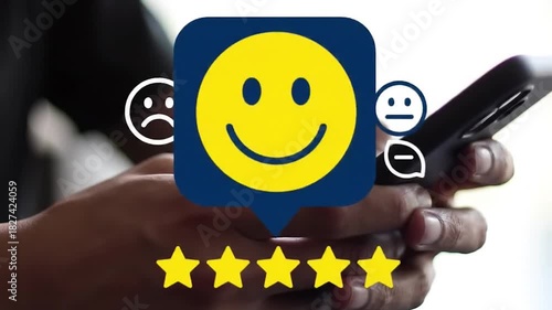 Mobile App Review and Positive Feedback on Smartphone. Customer Rating System with Smiley Face and Stars. User Interaction for Service Satisfaction.