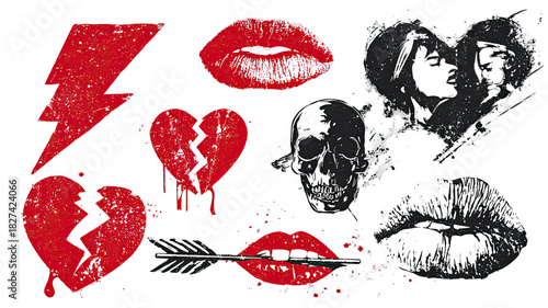 Red lips print with grunge skull heart illustration featuring bold distressed details and dramatic splatter effects isolated on white background