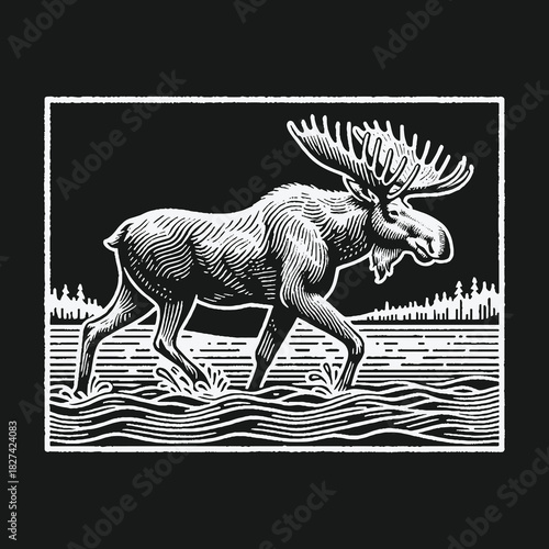 Vintage Bull Moose Wading Through River Linocut Art.
