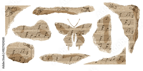 Torn music paper sheet with notes. Old vintage scrapbook elements