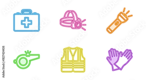 Safety equipment icons set first aid headlamp flashlight whistle vest gloves