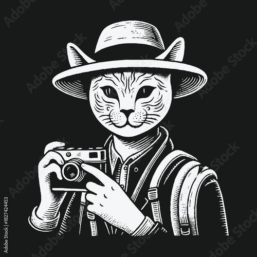 Stylish Anthropomorphic Cat Photographer with a Vintage Camera.
