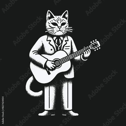 Black and white illustration of a dapper cat playing the guitar.