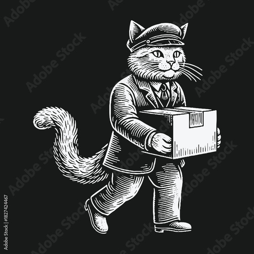 Vintage Engraving Style Cat Postman Delivering a Parcel.