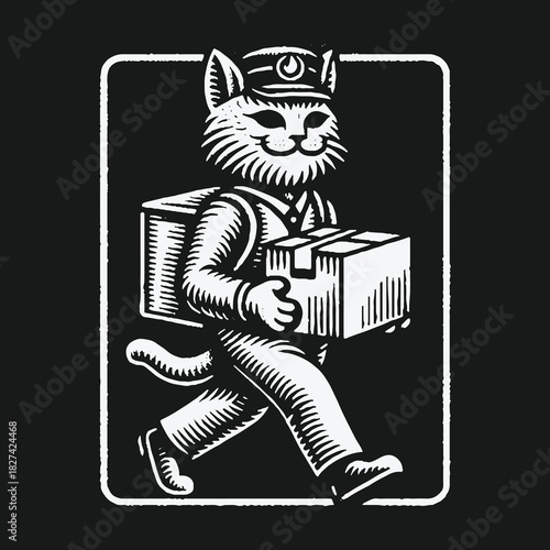 Vintage black and white illustration of a cat postman delivering a package.