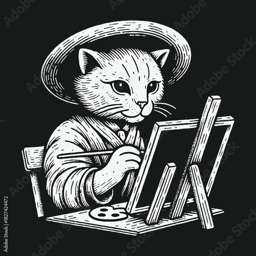 Vintage engraving style illustration of a cat artist painting.