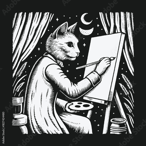 Creative anthropomorphic cat artist painting on a canvas at night.