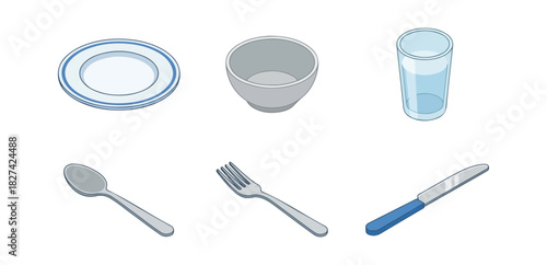Table setting illustration of dishware silverware and drinkware isolated on black