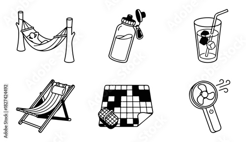 Summer relaxation icons hammock drink chair water bottle fan blanket