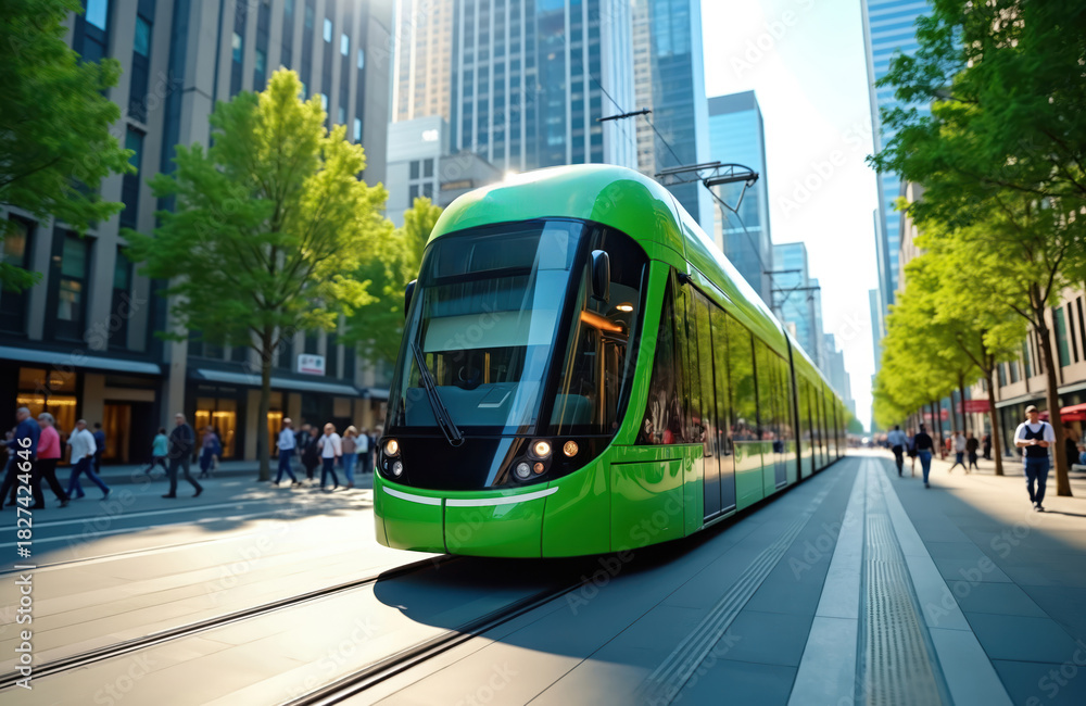 Naklejka premium Bright green modern tram moves through city center street. Tall buildings and green trees line the road. People walk on sidewalk near tram tracks. Sunny day, clean transport.