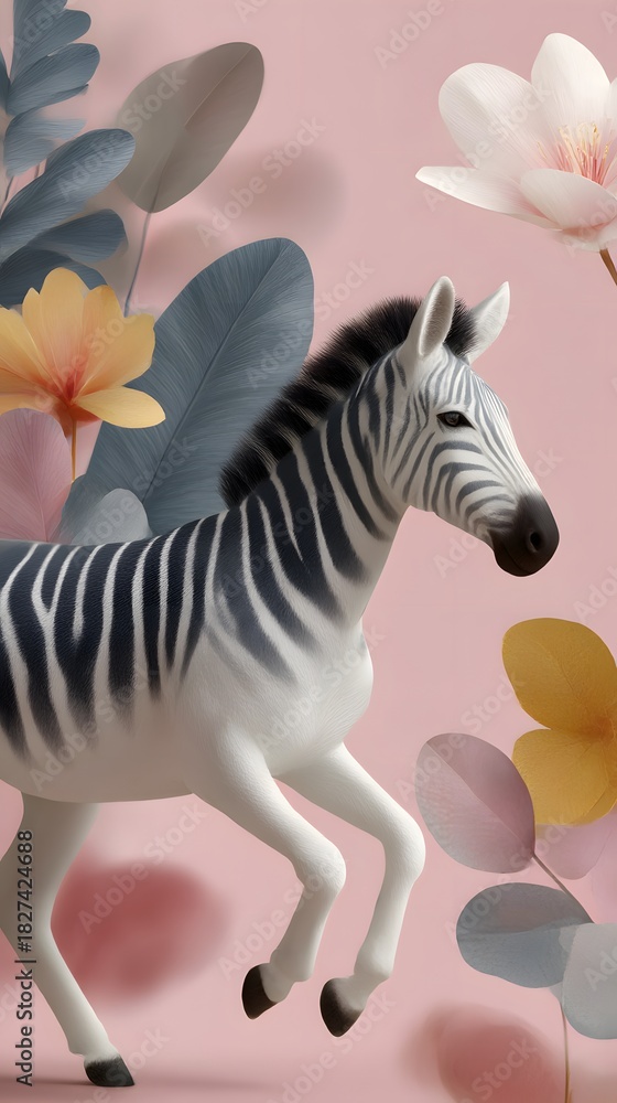 Fototapeta premium Zebra, floral design, tropical leaves, pastel colors, wildlife. Stylized portrait of a zebra surrounded by flowers and decorative leaves on a pink background. Fashion, art, elegance.