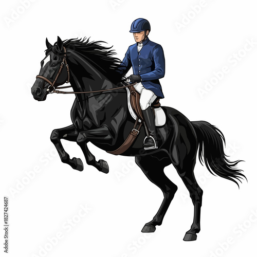 Equestrian rider in formal attire on a rearing black horse.