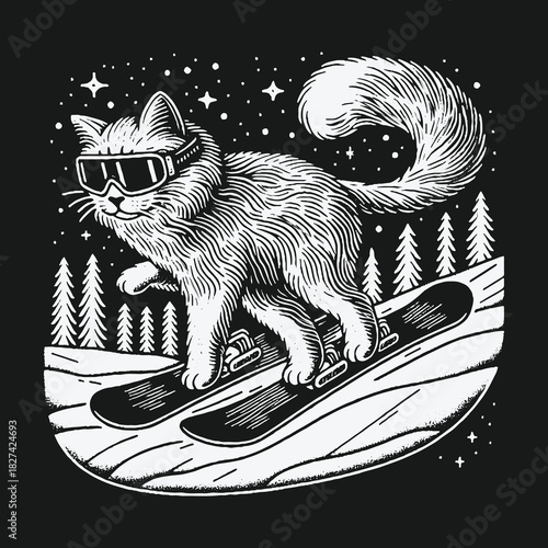 Cool cat in ski goggles snowboarding down a snowy mountain slope.