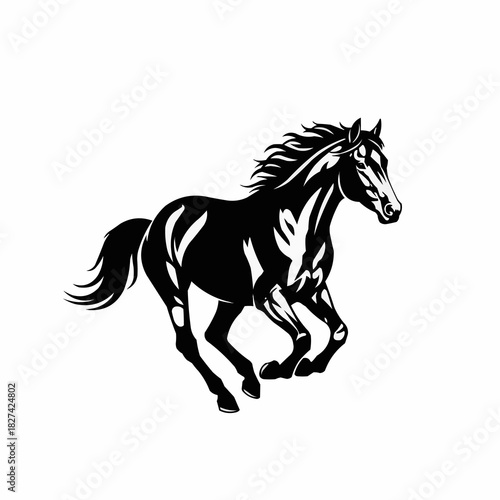 Powerful Black Horse Galloping with Flowing Mane and Tail.