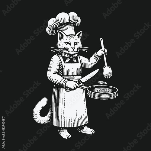 Funny cat chef in an apron cooking pancakes illustration.