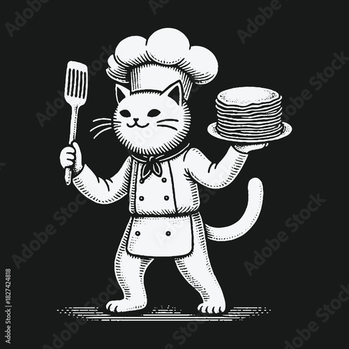 Vintage illustration of a cute cat chef holding pancakes and a spatula.