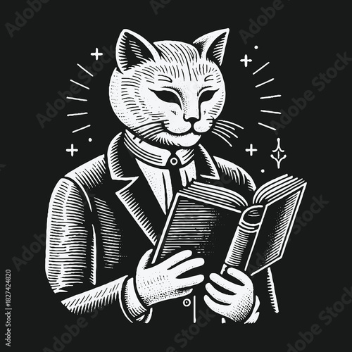 Vintage Illustration of an Anthropomorphic Cat Reading a Book.