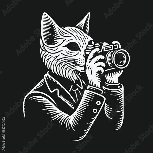 Anthropomorphic Cat Photographer in a Suit with Vintage Camera.